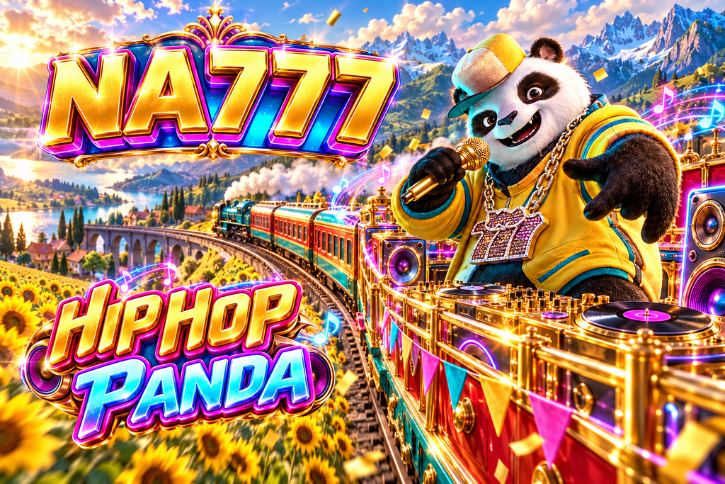 NA777 Hip Hop Panda dengan panda rapper dan kereta musik di ladang bunga matahari.